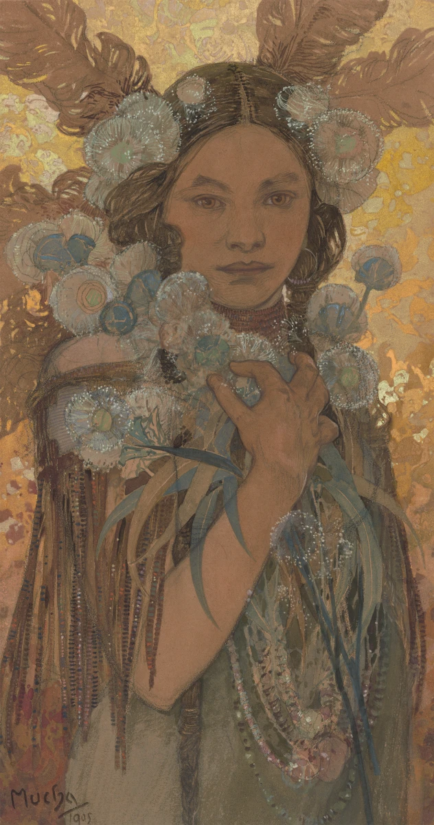 Alfons Mucha, Žena s květy a pery, 1905, ZČG Alfons Mucha, Žena s květy a pery, 1905, ZČG