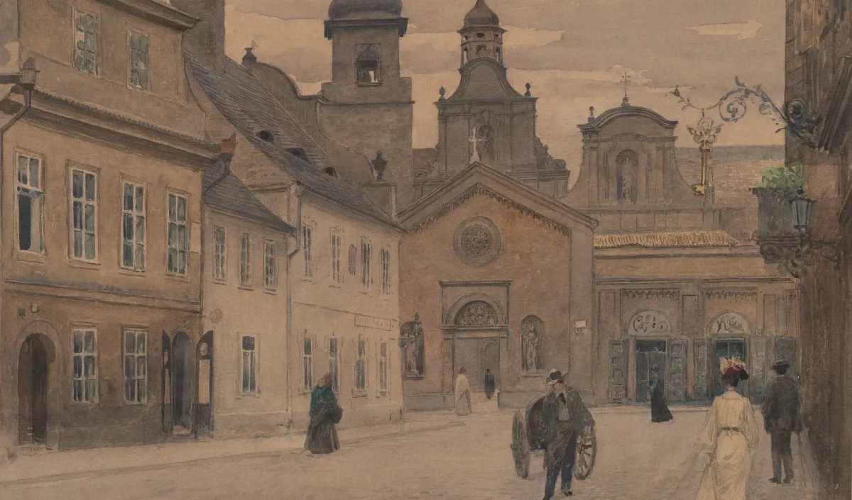 Václav Jansa, Pohled na františkánský kostel z Bezručovy ulice (z cyklu Stará Plzeň), 1905